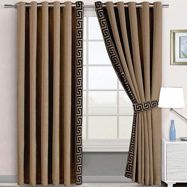 Pair of Versace Border Velvet Eyelet Curtains Coffee On Brown With Tie Belts