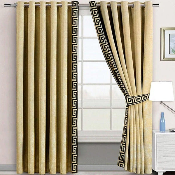 Pair of Versace Border Velvet Eyelet Curtains Coffee On Skin With Tie Belts