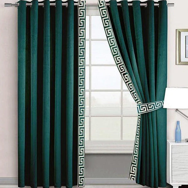 Pair of Versace Border Velvet Eyelet Curtains White On Green With Tie Belts