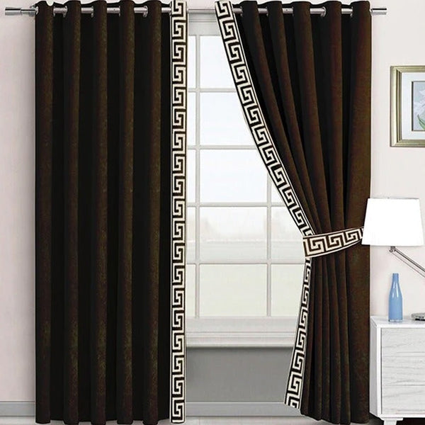 Pair of Versace Border Velvet Eyelet Curtains Off White On Dark Brown With Tie Belts