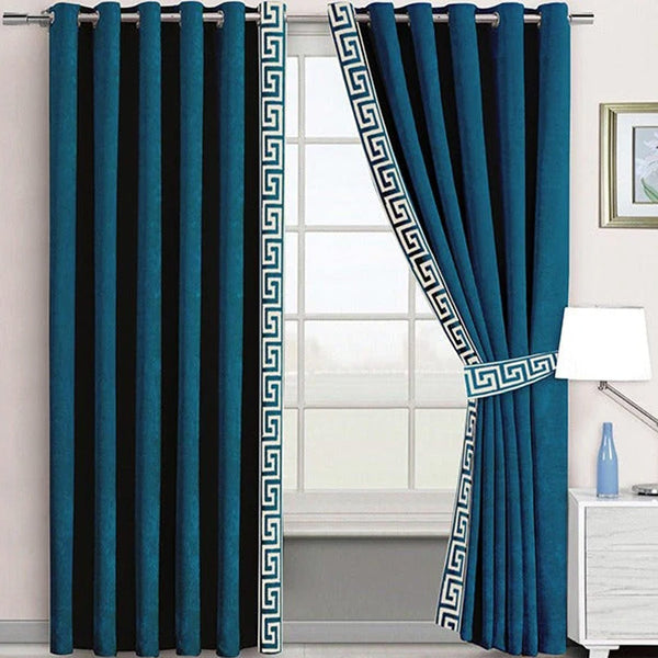 Pair of Versace Border Velvet Eyelet Curtains White On Robbin Blue With Tie Belts