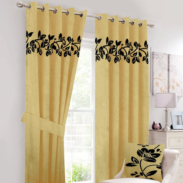 Pair of Decorative Floral Velvet Eyelet Curtains Black On Yellow With Tie Belts