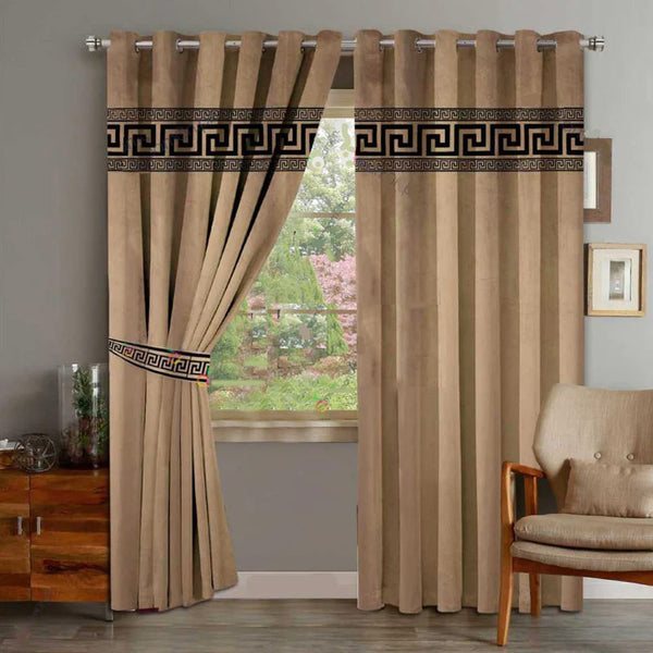 Pair of Versace Velvet Eyelet Curtains Black On Beige With Tie Belts