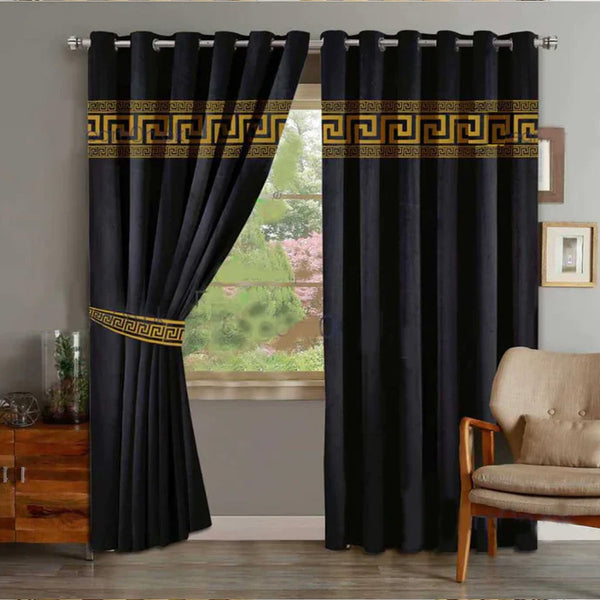 Pair of Versace Velvet Eyelet Curtains Golden On Black With Tie Belts