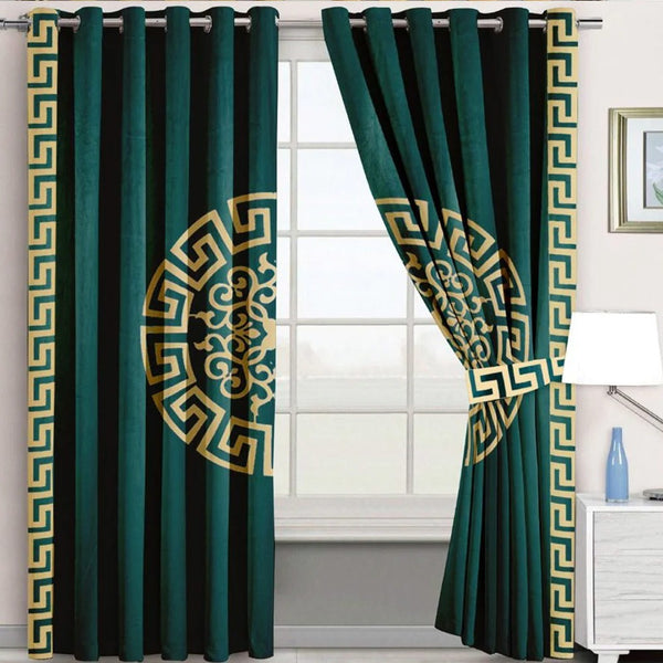 Pair of Versace Velvet Eyelet Curtains Golden On Green With Tie Belts