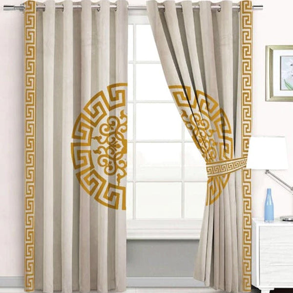 Pair of Versace Velvet Eyelet Curtains Golden On White With Tie Belts