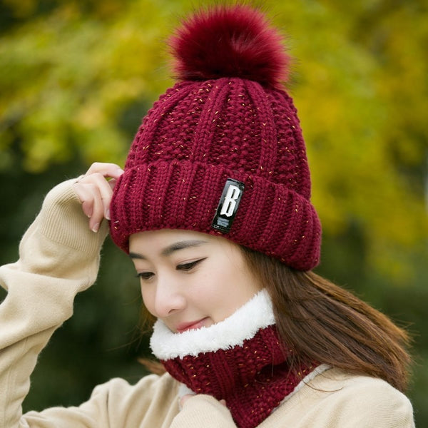 Luxury Wool Cap & Muffler For Women (Maroon)