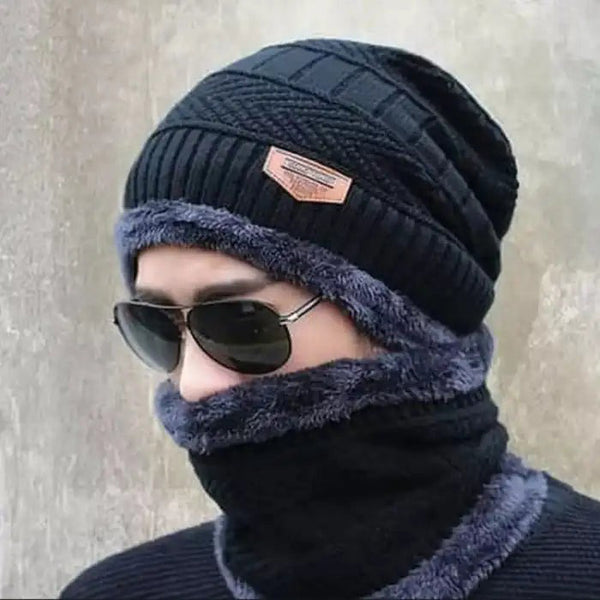 Wool Beanie Cap & Muffler for Men & Women (Black)