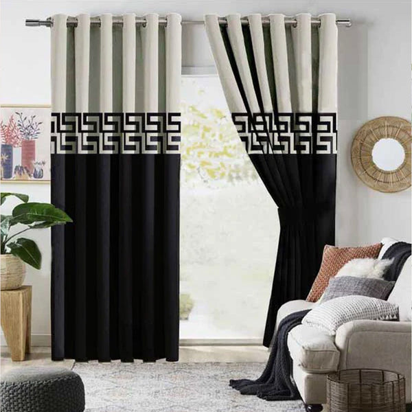 Pair of Double Shaded Velvet Eyelet Curtains Off White & Black With Tie Belts