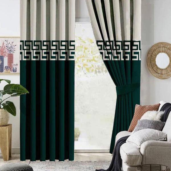 Pair of Double Shaded Velvet Eyelet Curtains Off White & Green  With Tie Belts