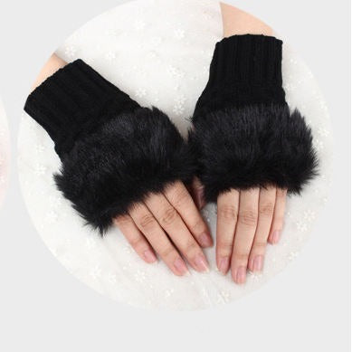 Stylish Faux Rabbit Hair Fur Gloves For Women (Black)