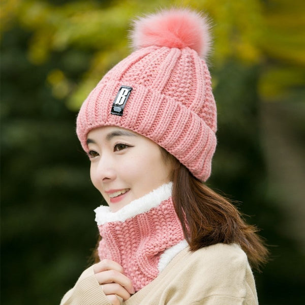 Luxury Wool Cap & Muffler For Women (Pink)