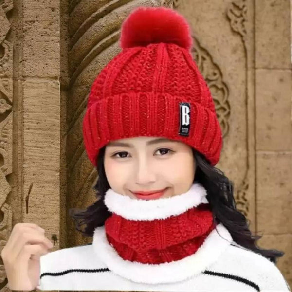 Luxury Wool Cap & Muffler For Women (Red)