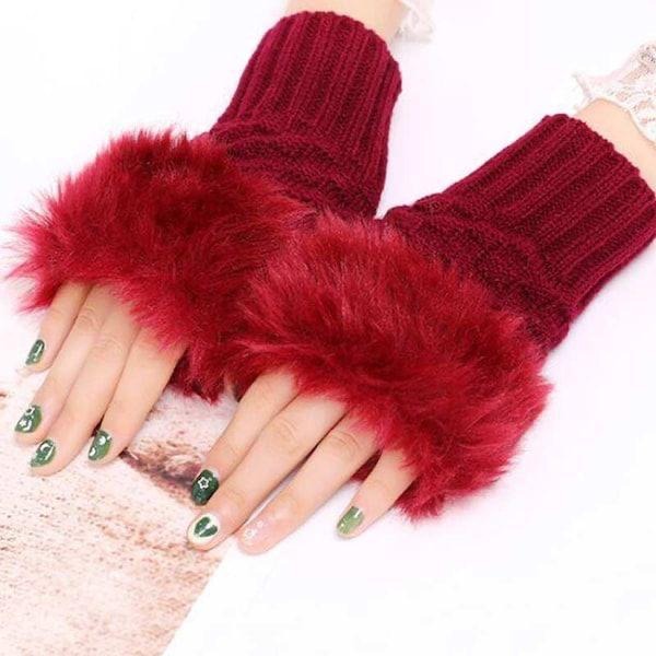 Stylish Faux Rabbit Hair Fur Gloves For Women (Maroon)