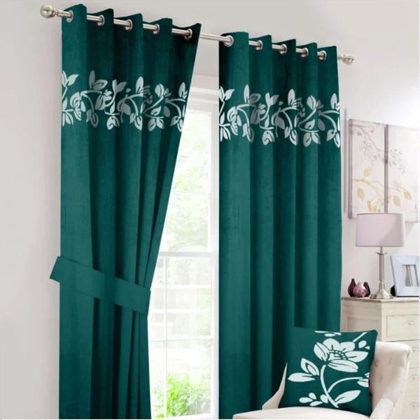 Pair of Decorative Floral Velvet Eyelet Curtains White On Green With Tie Belts