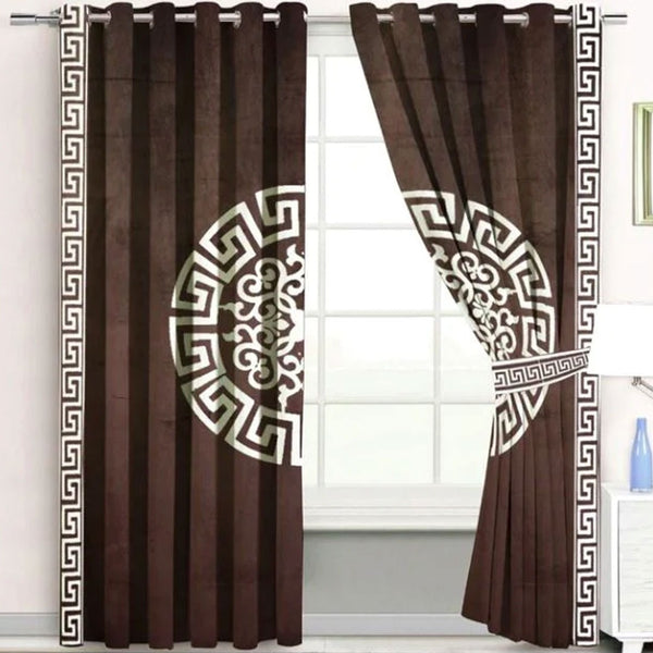 Pair of Versace Velvet Eyelet Curtains White On Brown With Tie Belts