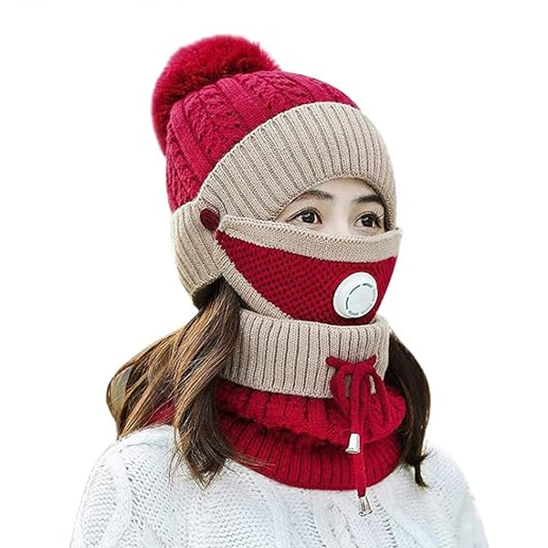 3 Pcs Beanie Wool Cap For Women (Red & Skin)