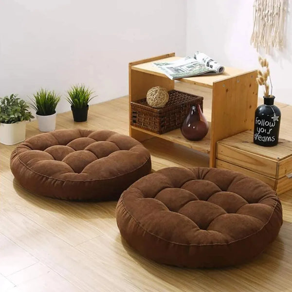 Round Shape Floor Cushion In Brown Color.