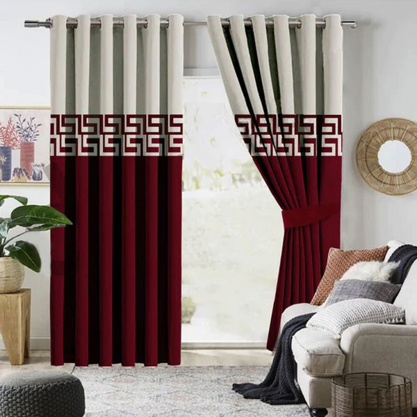 Pair of Double Shaded Velvet Eyelet Curtains Off White & Maroon With Tie Belts