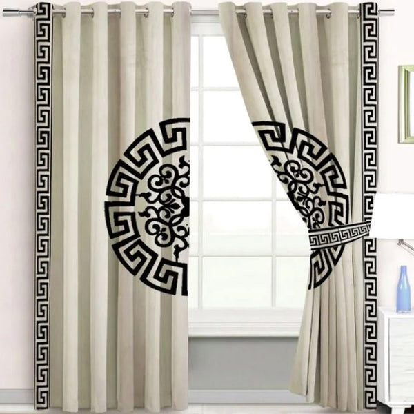 Pair of Versace Velvet Eyelet Curtains Black On White With Tie Belts