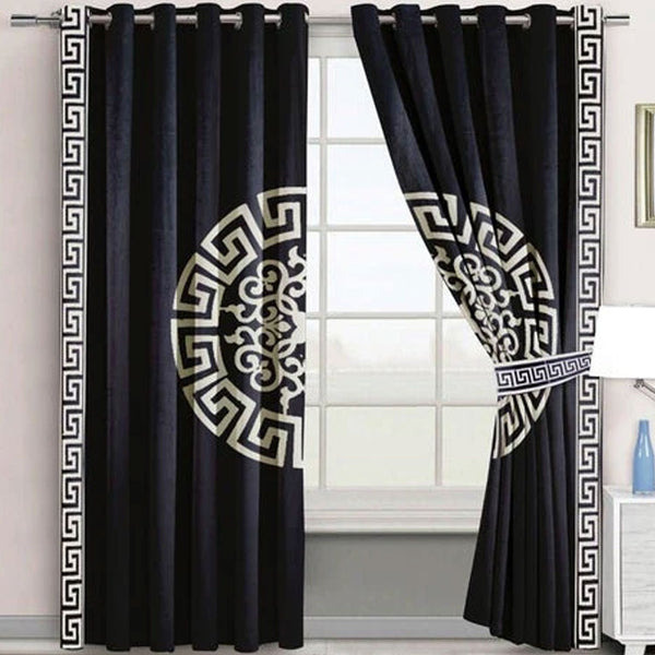 Pair of Versace Velvet Eyelet Curtains White On Black With Tie Belts