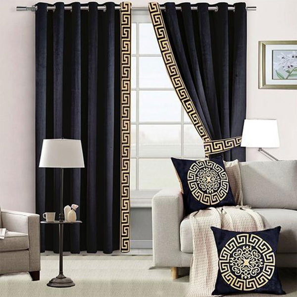 Pair of Versace Border Velvet Eyelet Curtains Off White On Black With Tie Belts