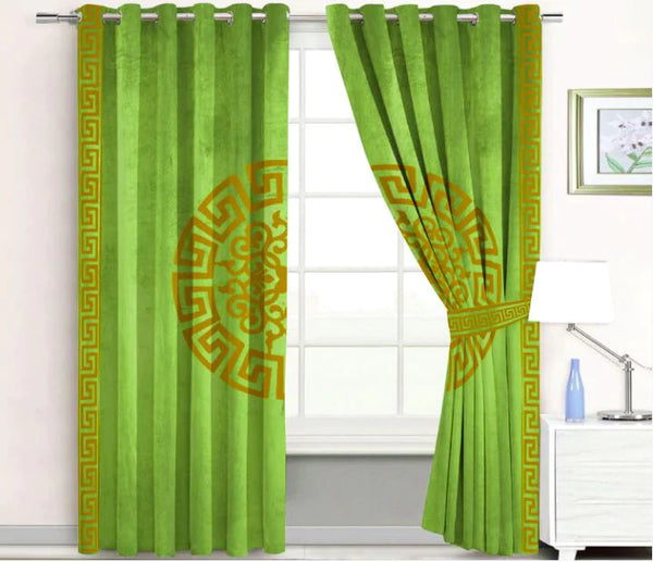 Pair of Versace Velvet Eyelet Curtains Brown On Green With Tie Belts