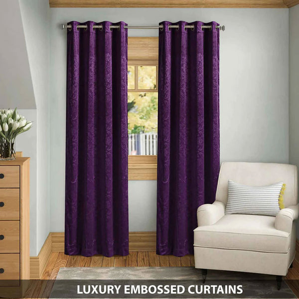 Pair Of Branched Leaves Embossed Velvet Curtains In Plum Color
