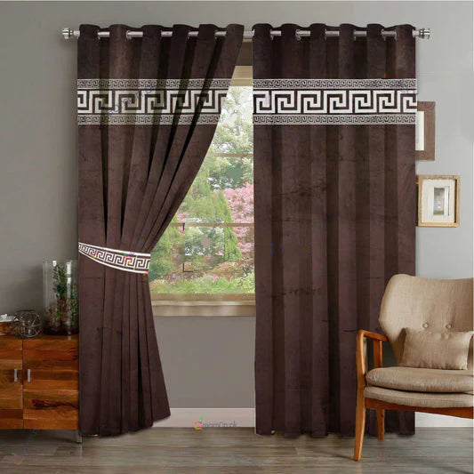 Pair of Laser Cutwork Versace Velvet Curtains Off-White on Brown With Tie Belts