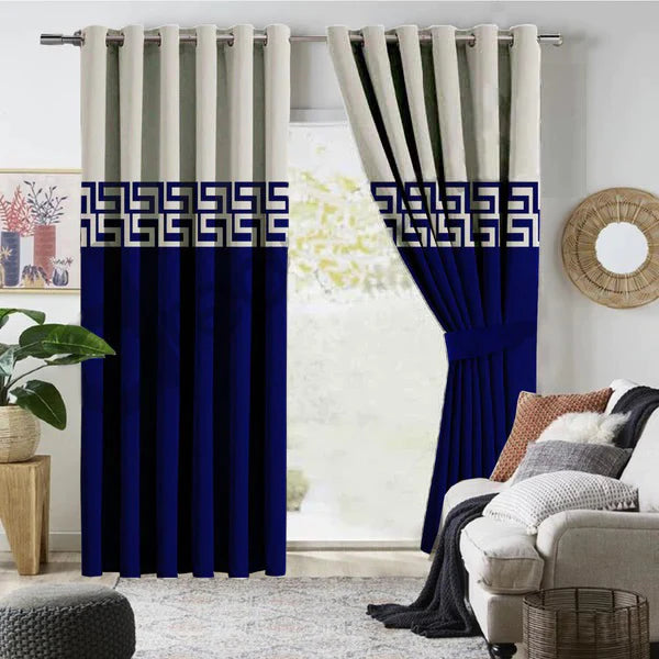 Pair of Double Shaded Velvet Eyelet Curtains Off White & Blue With Tie Belts