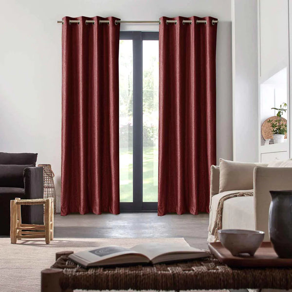 Pair Of Branched Leaves Embossed Velvet Curtains In Maroon Color