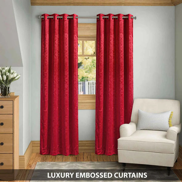 Pair Of Branched Leaves Embossed Velvet Curtains In Burgundy Color