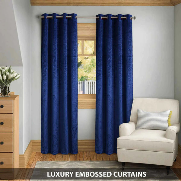 Pair Of Branched Leaves Embossed Velvet Curtains In Royal Blue Color