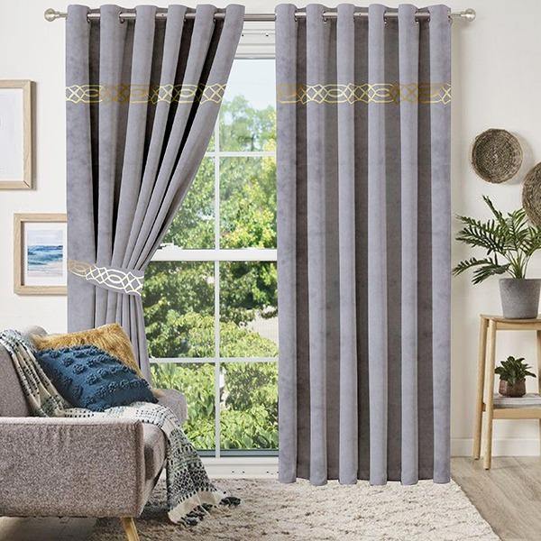 Pair of Crocodile Pattern Velvet Eyelet Curtains Golden On Grey With Tie Belts