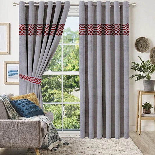 Pair of Crocodile Pattern Velvet Eyelet Curtains Maroon On Grey With Tie Belts