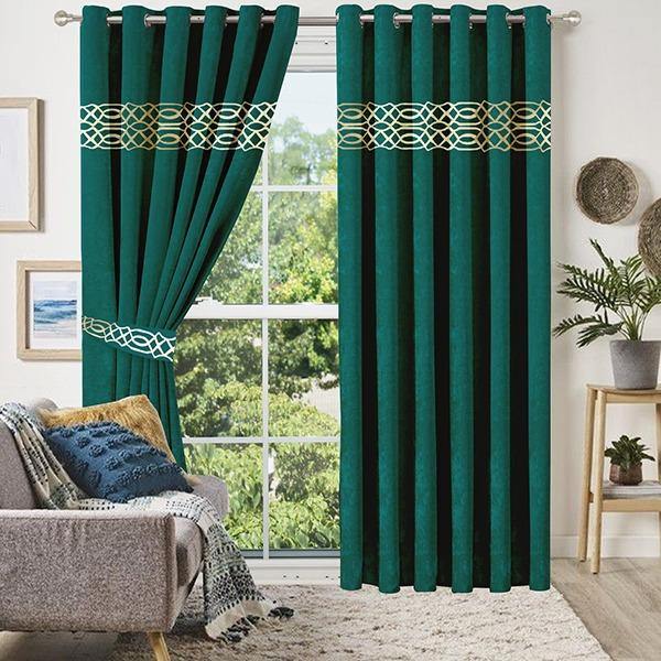 Pair of Crocodile Pattern Velvet Eyelet Curtains Golden On Green With Tie Belts